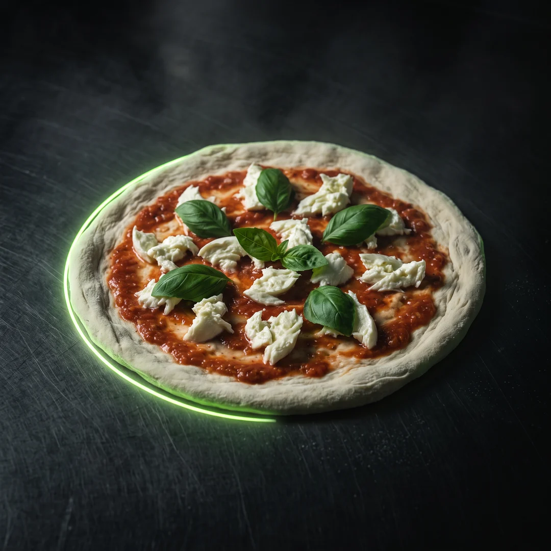 La pizza de La Cuadra cruda: masa pálida con tomate, mozzarella fresca y albahaca, sobre una superficie oscura con un aro de neón lima